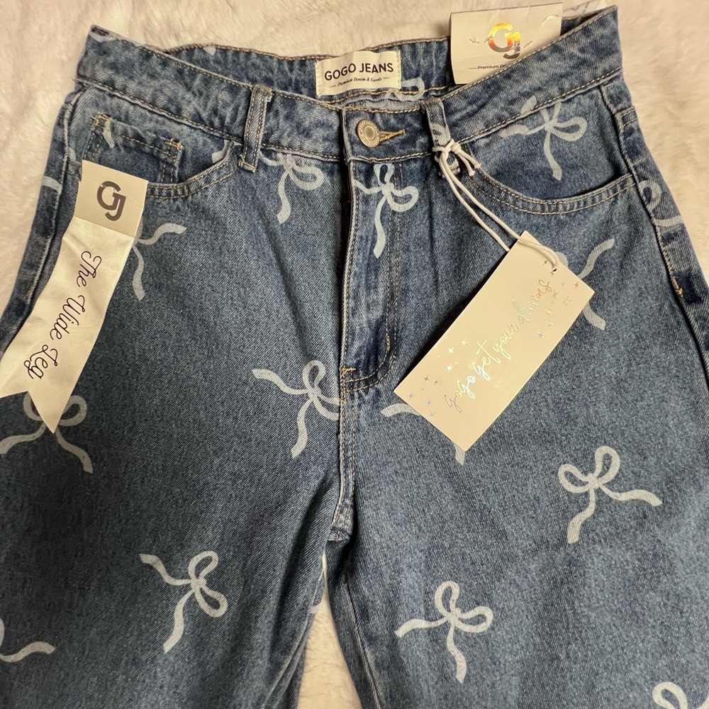 GOGO Blue Straight Leg Pants with White Bow Print - Picture 10 of 10